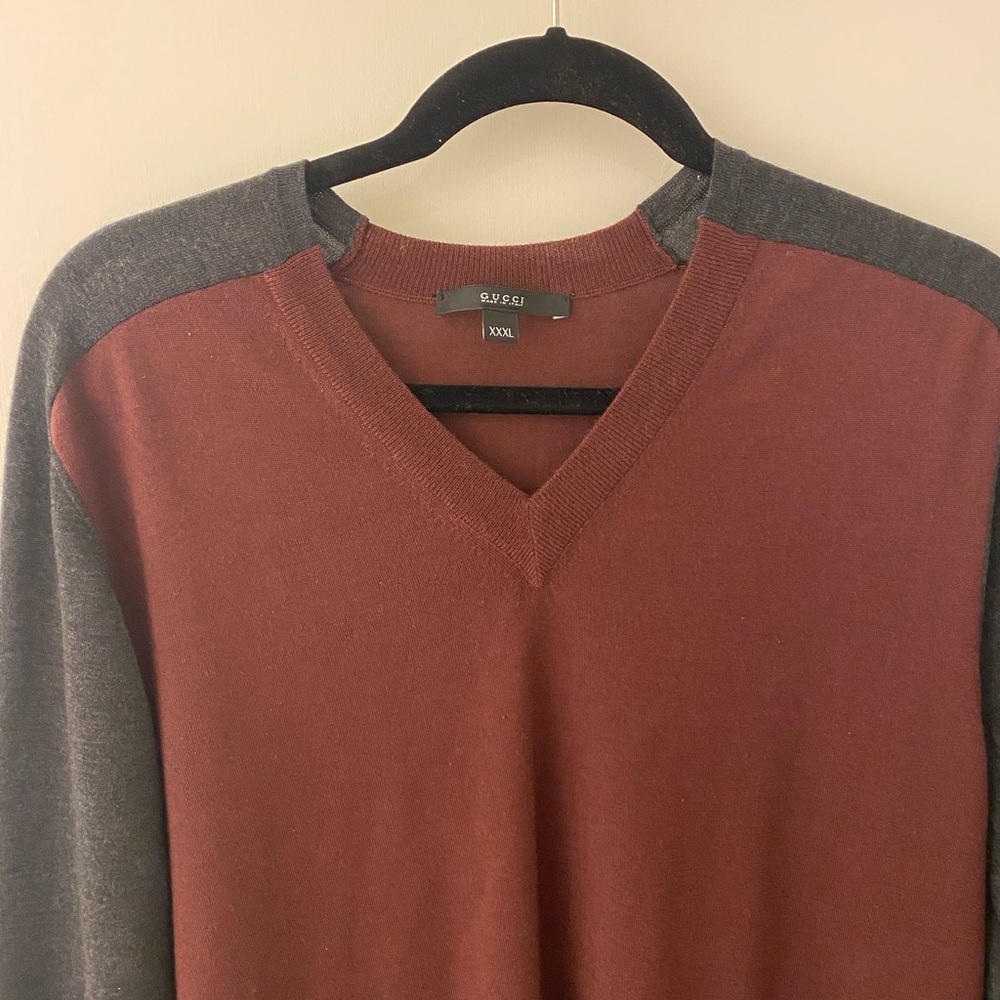 Gucci Burgundy and Grey Two-Tone V-Neck Sweater